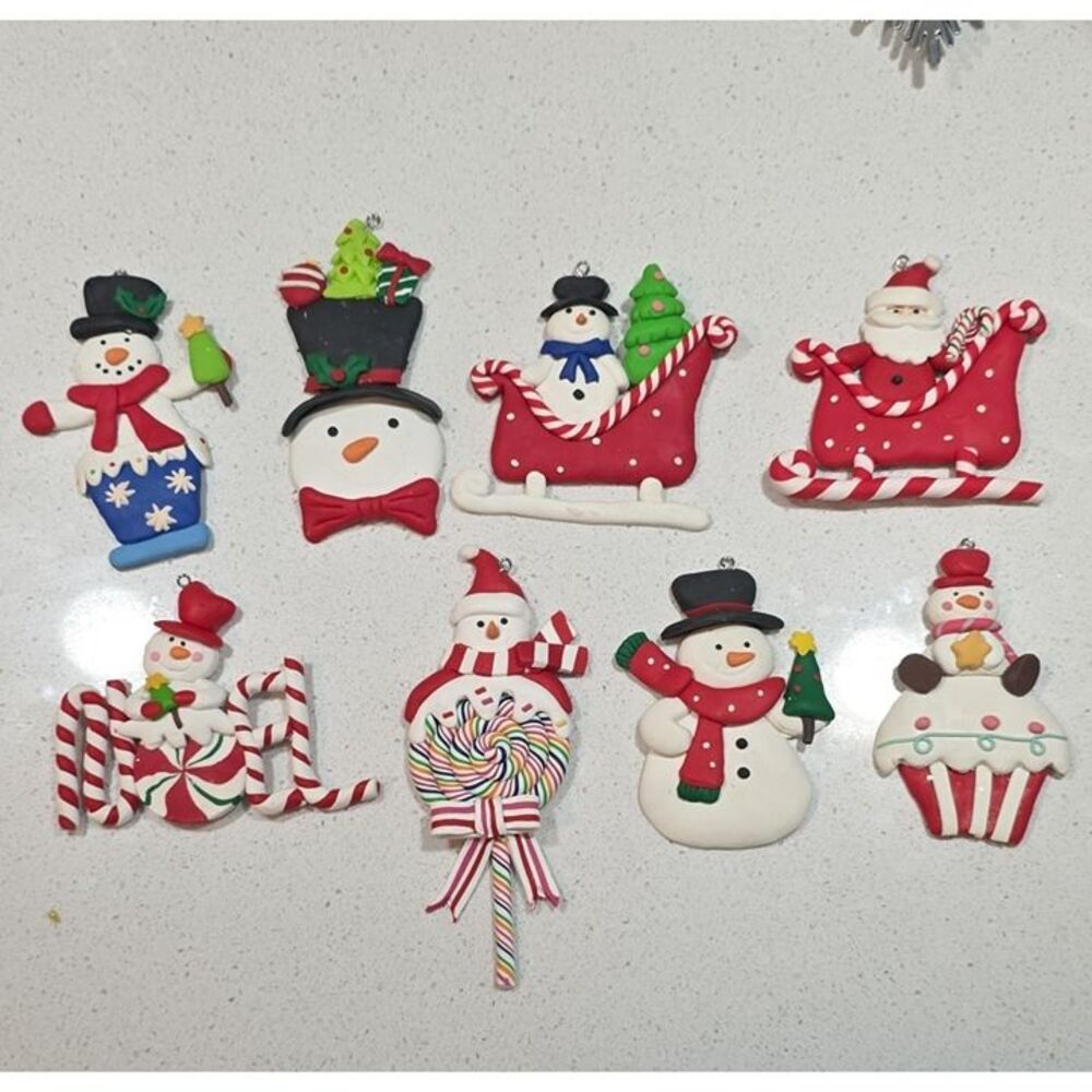 Set of 8 Clay Christmas Hanging Ornaments Multicolor Santa Snowman Mixed Shapes